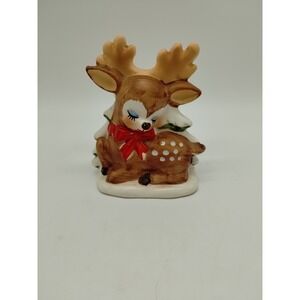 Vintage Lefton Reindeer Ceramic Christmas Napkin / Card Holder Japan #6111